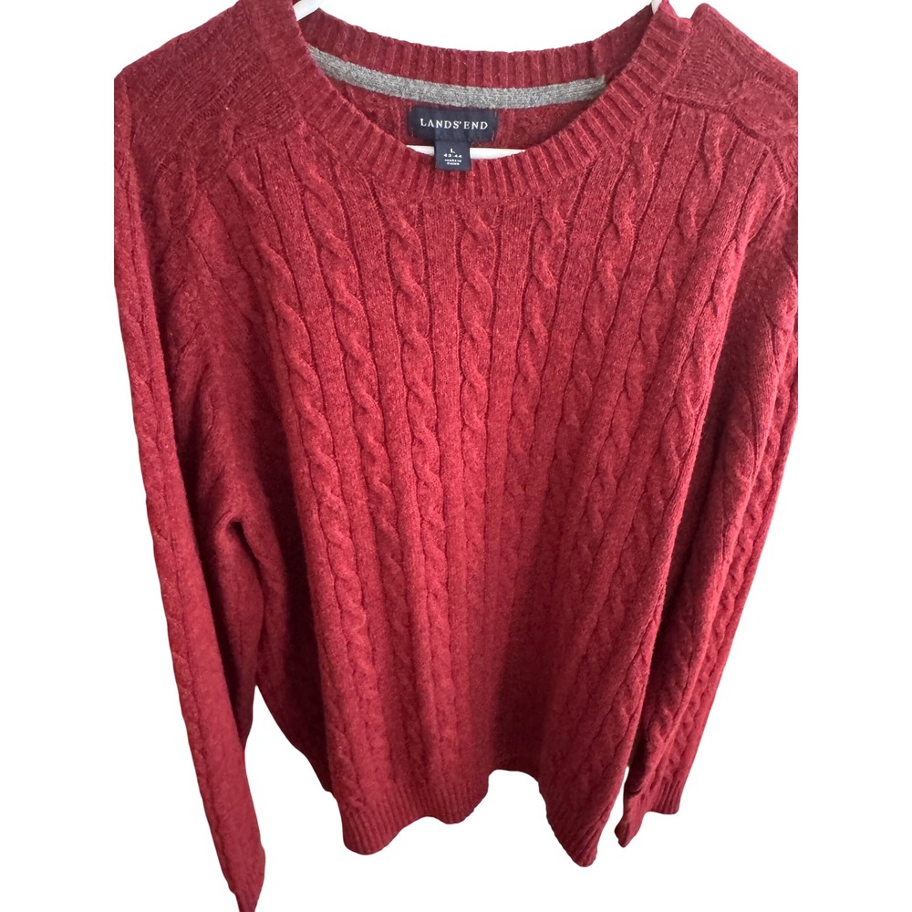 Lands End Mens Red Cable Knit Merino Wool Blend Crew Neck Sweater Large 42-44